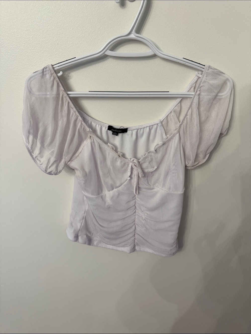 Express Pale Pink Ruched Tie-Front Puff Sleeve Crop Top